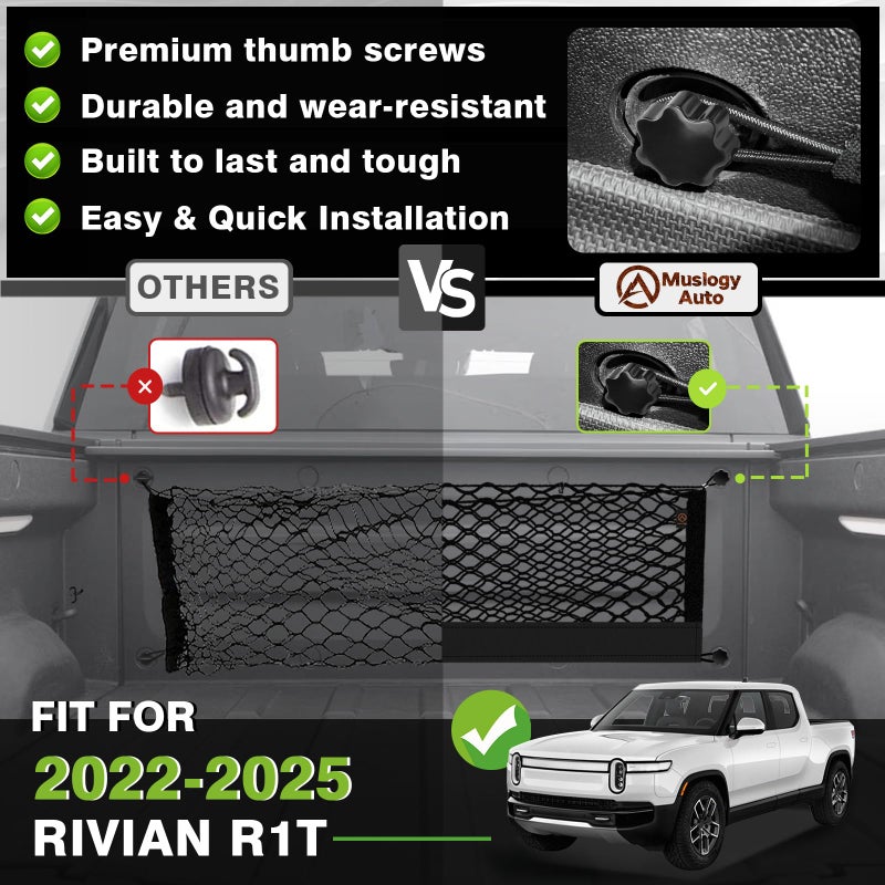 Muslogy Truck Bed Cargo Net Compatible with Rivian R1T 2022-2024 2025 Accessories Storage Organizer Pickup Truck Bed Envelope Style Cargo Net with Heavy Duty Carabiners - Image 3